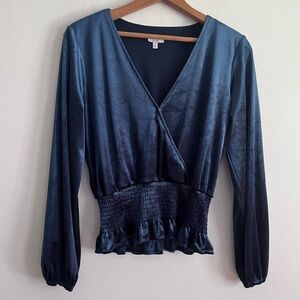 Q + A Los Angeles | Boho Wrap Front Velvet Smocked Blue Blouse